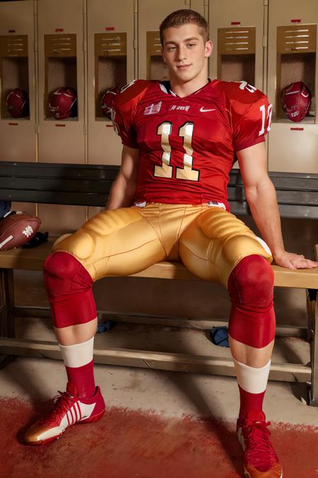 in an American football locker room, (sitting on a bench), legs spread open, DrakeTyler, American football player wearing American football uniform, American football shoulder pads, (red jersey:1.5), (jersey number 81), ((pale gold football pants and pads)), (red socks), (sneakers), slight smile, masterpiece, (((full body portrait))), full body shot  <lora:DrakeTyler:0.75>