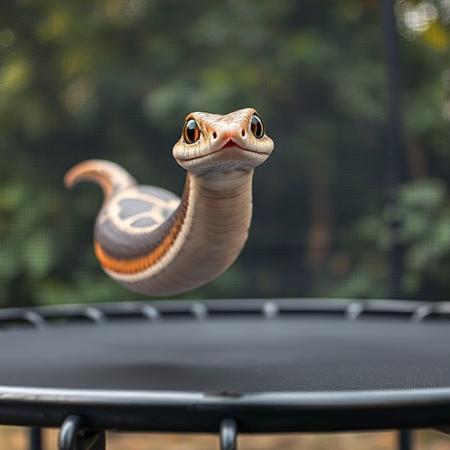A Cute Snake jumping on a trampoline