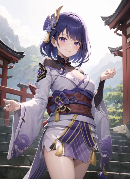 <lora:raidenshogun1-000009:1>, raidenshogundef, upper body, smile, blush, outdoors, day, simple background, blue sky, short hair, sky, temple, looking at viewer, stairs, mountain, moody lighting, facing viewer,