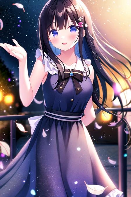 absurdres, high quality, game cg, 1girl, houraisan kaguya, evening gown, frilled dress, frills, outdoors, night sky, falling feathers, upper body, light particles, bokeh, chromatic aberration,