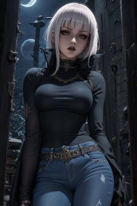 night, long blunt bangs, dark, blue cutoff jeans, Woman, (emo, gothic, dark), dark clothing, portrait, standing, <lora:opeLoRAv6.3:.8>