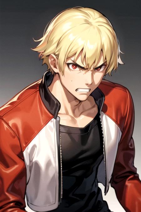rockhw, 1boy, solo, male focus, blonde hair, red eyes, red jacket, black shirt, black pants