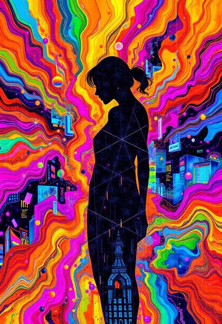 Abstract drawing, the woman's silhouette barely perceptible, soft ghostly outline dissolving into the background, a stunning explosion of colors—vivid oranges, azure blues, hot pinks, neon purples, and electric greens swirl and flow like liquid, merging in chaotic yet harmonious waves. Futuristic elements emerge—floating geometric shards, neon circuitry spiraling in and out of focus, holographic patterns shifting, glowing abstract symbols flickering. The silhouette hints at a figure, abstract lines suggesting arms and a face, but it’s fragmented, almost dissolving. Neon streaks of light burst from the silhouette, merging into a fractal network of wires and glitching data streams. Fragmented cityscapes and neon billboards peek through the chaos, distorted and bending like reflections in a rippling surface. Floating orbs, futuristic drones, and holographic dragon shapes twist through the vibrant scene, dissolving into waves of energy. Psychedelic layers pulse with brightness, creating depth. The entire scene radiates energy, dreamlike and disorienting, an abstract fusion of digital beauty and chaos.