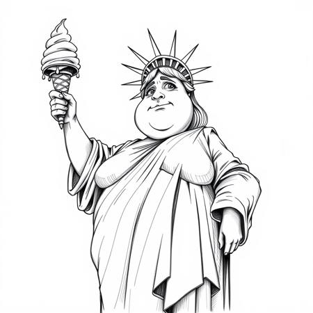 A humorous black pencil sketch of the Statue of Liberty, depicted as noticeably overweight, holding a giant melting ice cream cone instead of her usual torch. Viewed from a low angle, emphasizing her imposing yet comical figure against a blank background. The statue has a slightly embarrassed yet satisfied expression, with raised eyebrows and a sheepish smile. Her eyes dart to the side, as if caught in the act.
The ice cream is a towering, multi-scoop monstrosity, teetering precariously and dripping down her arm. The crown is slightly askew on her head, adding to the disheveled appearance. Her robe stretches tight across her expanded midsection, with exaggerated folds and creases.
The pencil strokes are loose and expressive, with heavier lines emphasizing key features and lighter, sketchier lines adding texture and movement. Shading is done with cross-hatching, particularly around the ice cream to show its melting state.
The sketch's style is reminiscent of political cartoons, with exaggerated features and a clear message. The overall mood is lighthearted and ironic, inviting viewers to chuckle while also contemplating the underlying message about freedom and choices.
Lighting in the sketch comes from the upper left, casting shadows that add depth and emphasize the statue's round form. This lighting also highlights the drips of ice cream, drawing attention to the 'indulgence' aspect of the image