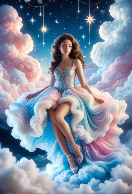 cottoncandy, high fashion,glitter,sitting on a cumulus cloud and dangling her legs down,bright shiny gradient organza fabric,brunette in a full-length torn cloud dress,cumulus clouds,marshmallow dress edge,whipped cream,white glaze,white waves,cotton wool,cotton waterfall,clubs,night,starry sky,shining stars,sparks,voluminous,fabulously beautiful, illuminated baroque,grunge,cinematic in Faberge style,mystical lighting