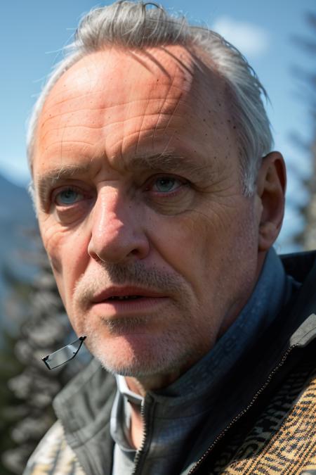 a man hiking up a mountain on a sunny day, natural lighting, perfect day, jacket, upper body, piercing eyes, ((wildlife in background)), [smiling:0.5], raw, 8k uhd, <lora:anthonyHopkins:1>