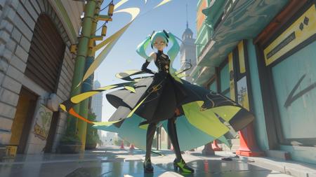 best quality, masterpiece, highres, by void, alchemy stars full body character illustration, stunning color, radiant tones, best lighting and shadow, ultra-detailed, amazing illustration, an extremely delicate and beautiful, rebecca \(cyberpunk\), 1girl, solo, twintails, red sclera, artificial eye, green hair, mechanical eye, looking at viewer, shirt, colored sclera