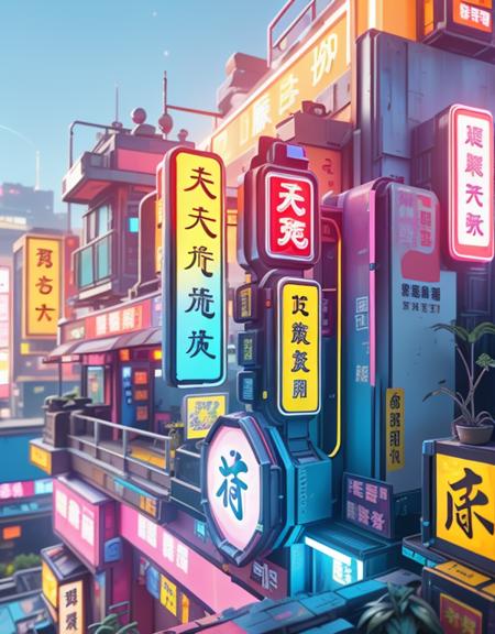 <lora:CW04:1> futuristic neon city street with modular architecture, glowing signs in Chinese characters, bright yellow circular neon light, elevated rail track above, cyberpunk vibe with soft blue and pink tones, plants and clutter on the balconies, high-tech urban details, vibrant lighting and depth, photoreal style,