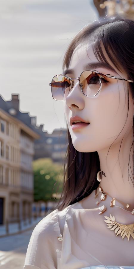 masterpiece,highres, highest quality,intricate detail,best texture,realistic,8k,soft light,perfect shadow, sunny,modern city,crowding falling leaf, portrait,erjie,1girl,fasion,big gold necklace,famous watch, cigar,sunglasses,thumb up,walking,Luxury, street shot,