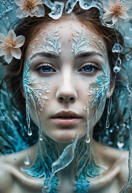 By Carne Griffiths & Karina Eibatova. close up face of Dreamy young woman cover chest with flowers and cover with flowers her body, cute ghostly vivid happy dreamy lines ,art ice, detailed translucent bioluminescence, glittering night, ice sculpture, vivid, sci-fi ice styled . forest background, contoured, surrealism, leaves, ice, looking in camera, sky, fantasy, by Andy Kehoe, soft sepia, artistic water drops, dynamic pose, tender, soft pastel colors, soft natural volumetric light, global illumination, SFW,
