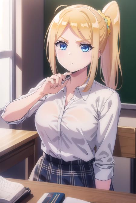 clairethomas, <lora:claire thomas anime s1-lora-nochekaiser:1>,
claire thomas, long hair, blue eyes, blonde hair, ponytail, scrunchie,
BREAK skirt, shirt, school uniform, white shirt, plaid, plaid skirt,
BREAK indoors, classroom,
BREAK looking at viewer,
BREAK <lyco:GoodHands-beta2:1>, (masterpiece:1.2), best quality, high resolution, unity 8k wallpaper, (illustration:0.8), (beautiful detailed eyes:1.6), extremely detailed face, perfect lighting, extremely detailed CG, (perfect hands, perfect anatomy),