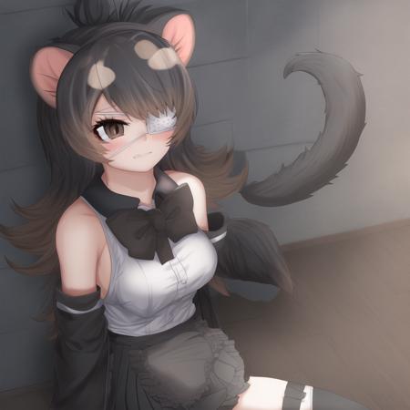 ausdev, 1girl, eyepatch, solo, medical eyepatch, long hair, black hair, tasmanian devil ears, tasmanian devil tail, brown eyes, detached sleeves, bangs, long sleeves, bare shoulders, empty eyes, frills, brown gloves, black pleated skirt, one eye covered, black neckwear, black sleeves, two-tone hair, black bowtie, black thigh-highs, black sleeveless shirt, black waist apron, detailed shading, detailed ambient light