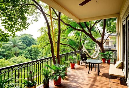 "An inviting outdoor space showcasing a spacious balcony overlooking a lush landscape. The balcony, adorned with elegant railings, features a cozy seating area with weather-resistant furniture, perfect for enjoying morning coffee or evening gatherings. Lush green trees surround the area, providing a natural canopy that offers both shade and a sense of tranquility.
Potted plants and hanging planters add splashes of color and life, enhancing the tropical atmosphere. A comfortable hammock is suspended between two sturdy trees, inviting relaxation and lazy afternoons spent reading or napping in the gentle breeze.
The outdoor flooring, crafted from natural wood or stone, harmonizes with the surrounding environment, while decorative outdoor lights create a warm ambiance for evening use. A small outdoor dining area, with a table and chairs, is perfect for al fresco meals, providing an intimate setting amidst nature.
The space is designed to seamlessly blend indoor and outdoor living, allowing for an open flow that encourages appreciation of the lush surroundings, making it an ideal retreat for relaxation and socializing."