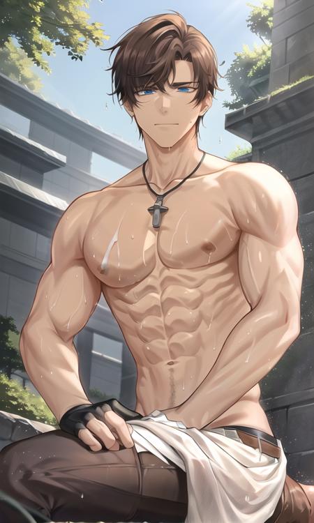 <lora:zuoran:0.56>, 1boy, ((blue and aqua_eyes)), brown_hair, (abs), ((wet)), collarbone, (abs), collarbone, bishounen,cowboy_shot,collarbone,dappled_sunlight,bandaged_hand,bandages,white bandaid,bandaid_on_face,bare_pectorals,black_footwear,black_gloves,blood_on_bandages,(blood_on_face),fingerless_gloves,full_body,gloves,high_collar,holding_sword,looking_at_viewer,(male_focus),mouth_hold,open_fly,overgrown,pectorals,pendant,piercing,(black smog),see-through,short_sleeves,sitting,solo,toned,toned_male,tree,weapon,(Eachcolorblockisclearlydistinguished:1.1),god rays