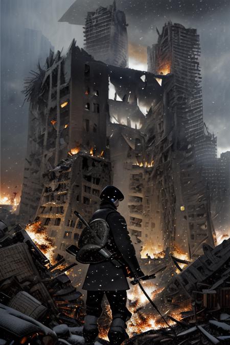 ttruins,ruins,city, (8k,RAW photo,masterpiece, best quality,CG,epic realistic,official art,), <lora:Moderncity_ttruins:1>,snow, snowing, soldier, war, fire,wide shot, 1boy, military, holding gun, looking back, english text, poster \(object\),