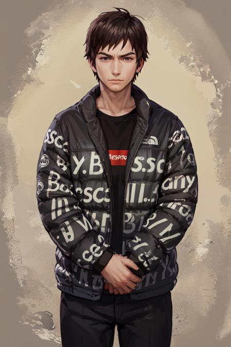 (masterpiece, best quality:1.2), <lora:attire_dripmeme-10:0.8>, solo, male focus, 1boy, serious, closed mouth, looking at viewer, own hands together, black hair, brown eyes, dripjacket