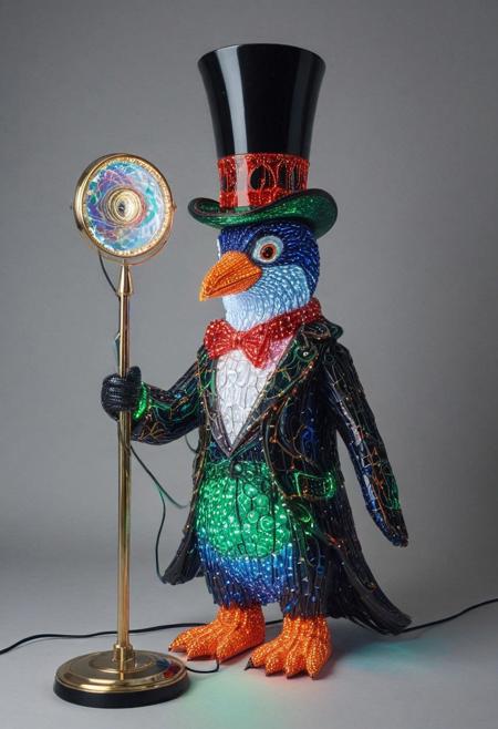 embedding:lazmpos, LED, colorful LED lights, RGB lights, red green and blue penguin, art deco, top hat, cane, monocle,RetroBG
