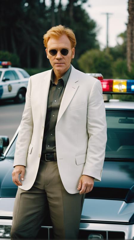 portrait of david caruso man, posing beside a police car, whimsical, photo, canon dslr, high quality, photorealistic, bokeh, analog film, rule of 3rds composition