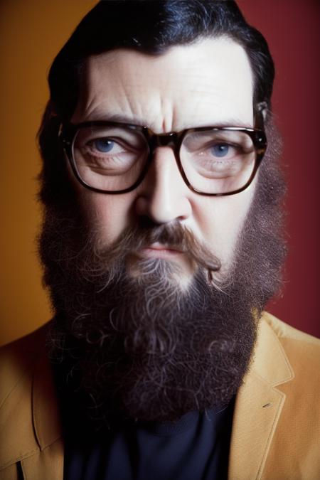 analog style, modelshoot style, portrait of sks man with beard and glasses by Flora Borsi, style by Flora Borsi, bold, bright colours, dark hair, ((Flora Borsi)) <lora:cortazar:1>