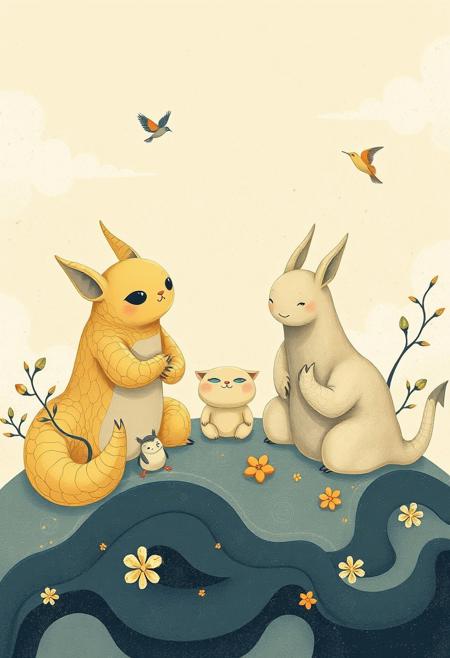 Seeking Peace From Worldly Endeavors,whimsical imaginative creatures, whimsical manga style, group material aesthetic, organic shapes, light yellow and light navy tones, soft surrealism, playful composition, fluid lines, dreamlike atmosphere, fantasy elements, intricate detailing, storybook charm, delicate shading, ethereal textures