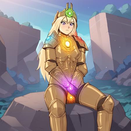 infinitygauntlet, 1girl, solo, blonde hair, long hair, purple eyes, armor,