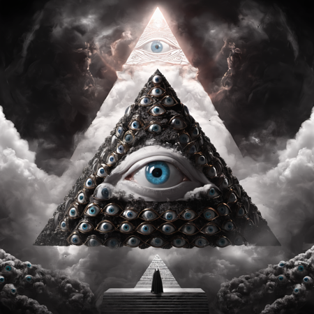 seraphins, a mystical creature with hundreds of eyes and wings with the shape of a pyramid, surrounded by 2 layers of rings full of eyes, eerie, horror, background angelic clouds, sunlight <lora:Seraphins1.0-000038:0.8>