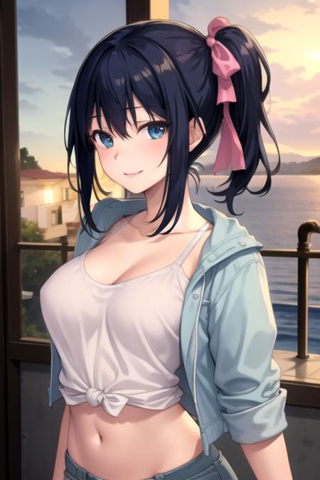 ((masterpiece)),(best quality),official art,extremely detailed CG,unity 8k wallpaper,ultra detailed,beautiful detailed eyes,extremely detailed face,A lighthouse on a cliff by the sea,1girl,solo,upper body,(portrait:1.5),looking at viewer,facing viewer,smile,standing,ochite iku niizuma,takasaki miho,short hair,blue hair,side ponytail,hair ribbon,blue eyes,matching hair eyes,pink short jacket,white camisole,aqua bow,large breasts,navel,denim shorts,shorts rolled up,white socks,high heel boots,<lora:Takasaki Miho(oin):0.8>,