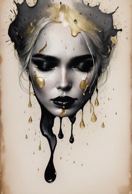 RAW profile photo, close-up, dark atmosphere, crying with tears made of gold, masterpiece, cinematic film still of a blonde beautiful woman, detailed skin, freckles ,eyeliner, dark lipstick, black lace turtleneck dress, tack sharp focus on eyes, Sensual, lustful, seductive,  intricate, ultra detailed, 8k, <lora:MS_DitavT_V1_32:0.6>