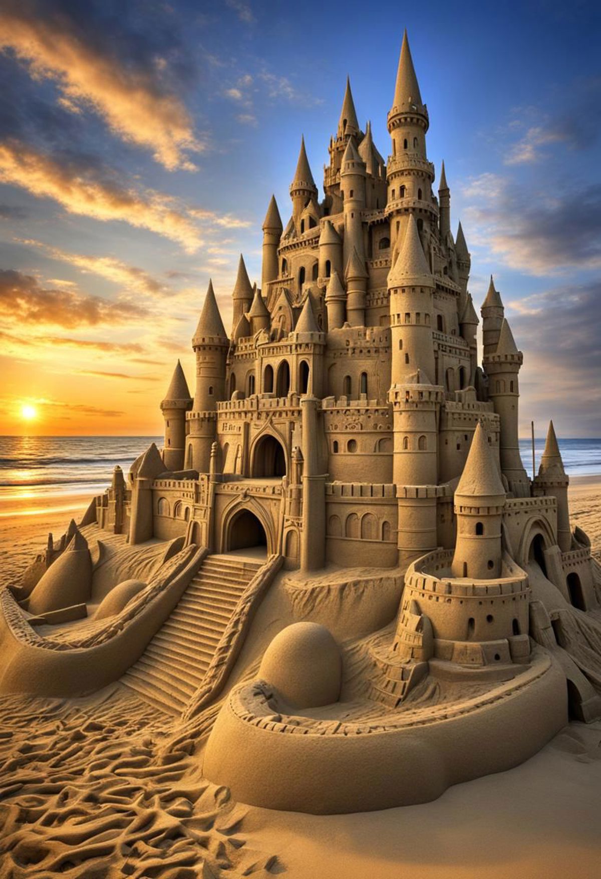A sand castle with a moat and a sunset in the background.
