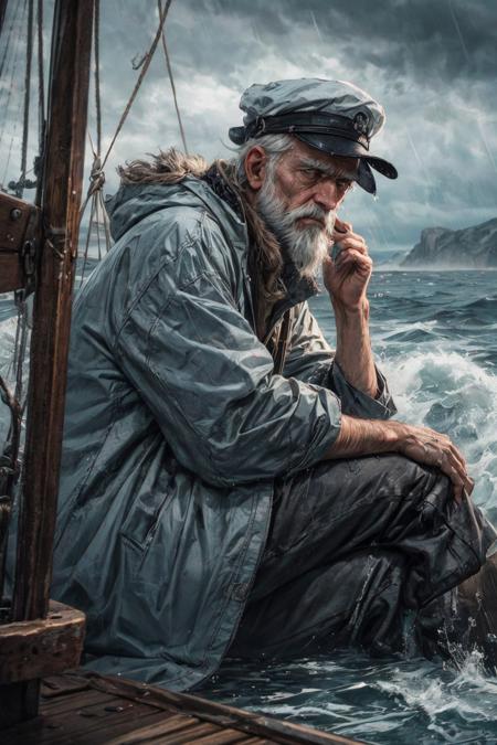 (RAW photo, 8k uhd, Analog style, Masterpiece, Best Quality, Highres:1.4), (dramatic, cinematic:1.2), BREAK,
movie shot of (80 yo:1.2) (old male:1.3) (fisherman:1.25) (sailor man:1.25) (sitting:1.1) (on deck:1.35) of (old dilapidated:1.2) (wooden sailboat:1.3), against railing, (from side:1.2), (stern face:1.2), (deep wrinkles:1.2), (gray long beard:1.3), (grey eyes:1.2), ((shabby:1.2) old (torn:1.15) (raincoat:1.1), brown (pants:1.1), (sailor hat:1.1) (sou'wester:1.2), jackboots:1.1), (lowered head:1.2), (tired sad expression:1.15), BREAK,
(stormy sea, gloomy dark clouds:1.2) on background, (splashes, water drops, rain:1.25), (seafoam:1.1), (flying white seagulls:1.25), (rocks, cliffs:1.3), (dark haze:1.2), (wet clothes:1.1), fishing (nets with fish:1.3) on deck, (ropes:1.1), (tense hopeless eerie atmosphere, cold, floes:1.2), BREAK,
(photorealistic:1.3), (rough details, (male focus:1.1):1.2), (desaturated, cold lighting:1.3), (hyperdetailed, absurdres:1.2), BREAK,
<lora:more_details:0.9>,
<lora:zoom_slider_v1:4.5>,
