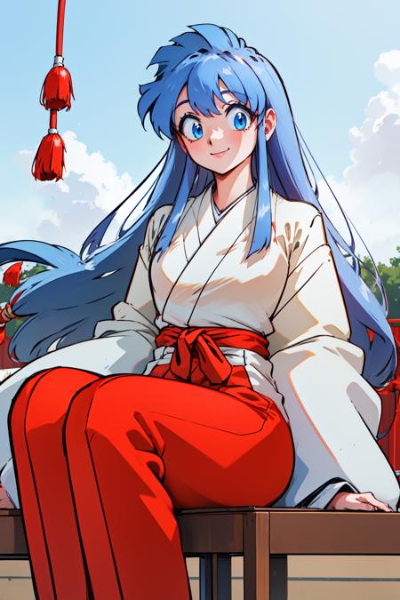 1girl, (outdoors:1.2), sky, smile, sitting, cowboy shot, 
okinu-chan, blue eyes, blue hair, sidelocks, long hair, very long hair, low-tied long hair, white kimono, japanese clothes, long sleeves, miko, red hakama, red hakama skirt, <lora:okinuchan_lola_ver1:0.7>, best quality, masterpiece, highres, <lora:GoodHands-vanilla:1>