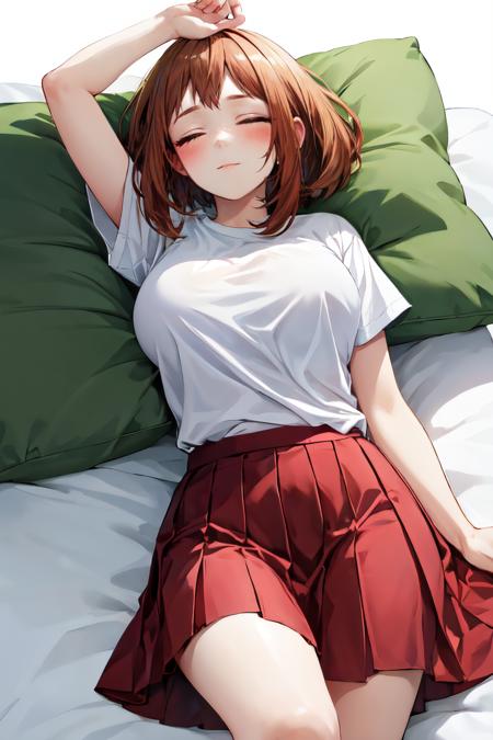 uraraka ochako, 1girl,solo,  white shirt, t-shirt, oversized shirt, large breasts,blush,  skirt,white background <lora:uraraka_ochako:1>  asleep, eyes closed, head on pillow,