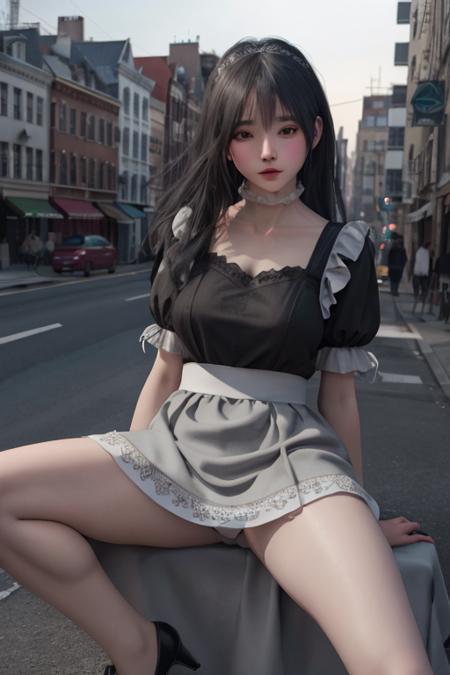 best quality, ultra high res,prefect anatomy,detailed skin texture, detailed cloth texture, inematic light, rim lighting,photorealistic:1.4,
extremely intricate, 8k uhd,
1girl,maid dress,
sitting,spread legs
cityscape, street,
<lora:luckzs-maid:0.8>