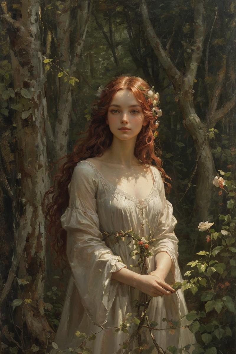 A beautiful painting of a woman in a white dress with long red hair, surrounded by flowers.