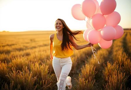A joyful beautiful woman in a yellow sleeveless top and white crochet lace pants runs, long brown hair through, a sunlit California field, her long brown hair, holding a large bunch of pink balloons in her right hand, capturing a playful golden hour glow.