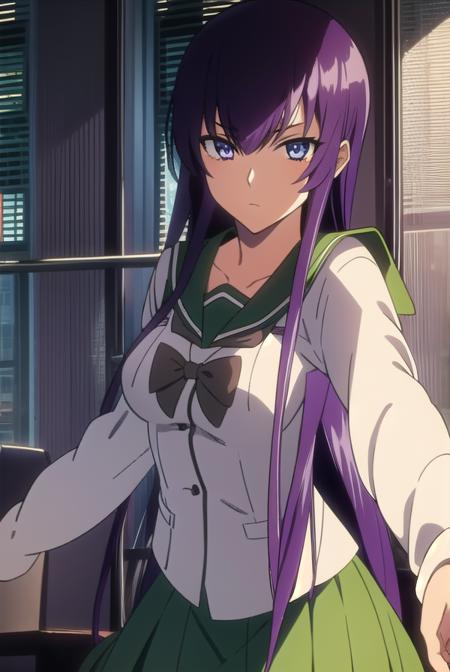 saekobusujima, <lyco:saekobusujima-LYCORIStest:1>,
saeko busujima, long hair, purple hair, (purple eyes:1.1), hair between eyes,
BREAK skirt, long sleeves, bow, school uniform, serafuku, green skirt,
BREAK looking at viewer,
BREAK indoors, classroom,
BREAK <lora:GoodHands-vanilla:1>, (masterpiece:1.2), best quality, high resolution, unity 8k wallpaper, (illustration:0.8), (beautiful detailed eyes:1.6), extremely detailed face, perfect lighting, extremely detailed CG, (perfect hands, perfect anatomy),