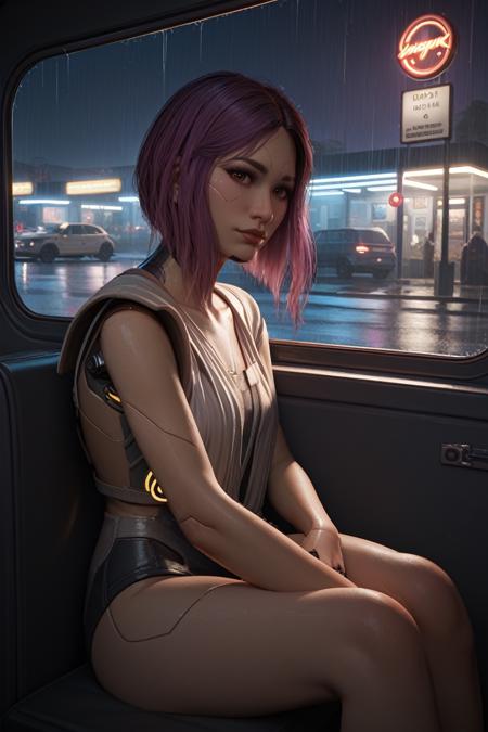 CyberSongbird, 1girl, purple hair, brown eyes, cyberpunk