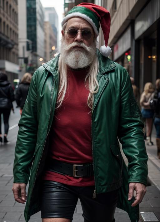 Man wearing green leather jacket, red shirt, and Santa hat.