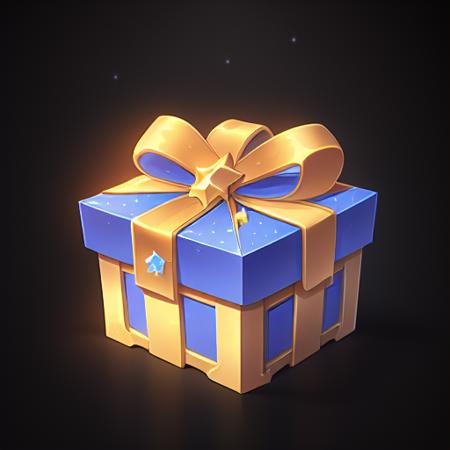 A gift box, gems, gold coins, patterns, stars,  
high-definition, game icons, patterns, black background   <lora:GameIconResearch_GiftBox_Lora:0.5>