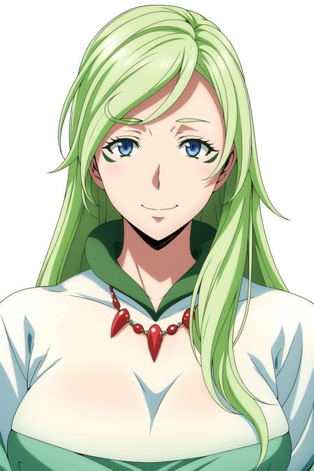 Simple White Background,
green and white dress,,green collar,
<lora:Treyni_Slime-KK77-V2:0.7>,jewelry, gem, 
green hair ,blue eyes,bangs,very long hair, facial mark,
<lora:Oda_Non_Style-KK77-V2:0.3>,<lora:more_details:0.1>,
1 girl, 20yo,Young female,Beautiful Finger,Beautiful long legs,Beautiful body,
Beautiful Nose,Beautiful character design, perfect eyes, perfect face,expressive eyes,perfect balance,
looking at viewer,(Focus on her face),closed mouth, (innocent_big_eyes:1.0),(Light_Smile:0.3),
official art,extremely detailed CG unity 8k wallpaper, perfect lighting,Colorful, Bright_Front_face_Lighting,White skin,
(masterpiece:1.0),(best_quality:1.0), ultra high res,4K,ultra-detailed,
photography, 8K, HDR, highres, absurdres:1.2, Kodak portra 400, film grain, blurry background, bokeh:1.2, lens flare, (vibrant_color:1.2),professional photograph,
(Beautiful,large_Breasts:1.0), (beautiful_face:1.5),(narrow_waist),