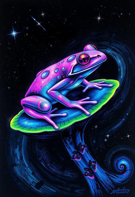 "Illustrate a cosmic, glow-in-the-dark painting of a starfire frog perched on a spiral galaxy lilypad. The frog's skin is a shimmering mosaic of neon pink, blue, and purple hues, as if infused with stardust. The lilypad is a swirling vortex of electric green and blue neon, evoking the majestic spiral arms of a distant galaxy. The frog's eyes glow like bright, shining stars, and its limbs seem to pulse with an otherworldly energy. The background is a deep, velvety black, punctuated by tiny, glowing nebulas and star clusters. The brushstrokes are bold and expressive, with thick, textured paint giving the image a dynamic, three-dimensional quality. The overall effect is one of cosmic wonder, as if the frog is a celestial guardian of the galaxy." highest-Quality, intricate details, visually stunning, Masterpiece