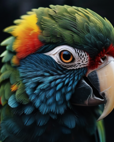 macro shot, cinematic photo of parrot, colorful, dark shot, film grain, extremely detailed