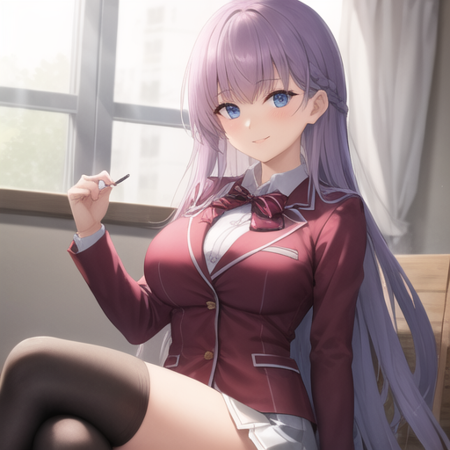 sophia fe, <lora:Sophia_FE-10:0.8>, 1girl, solo, breasts, looking at viewer, blush, smile, bangs, blue eyes, skirt, large breasts, shirt, thighhighs, long sleeves, bow, holding, sitting, closed mouth, school uniform, jacket, white shirt, braid, thighs, pleated skirt, collared shirt, black thighhighs, bowtie, book, blazer, white skirt, crossed legs, red jacket, holding book