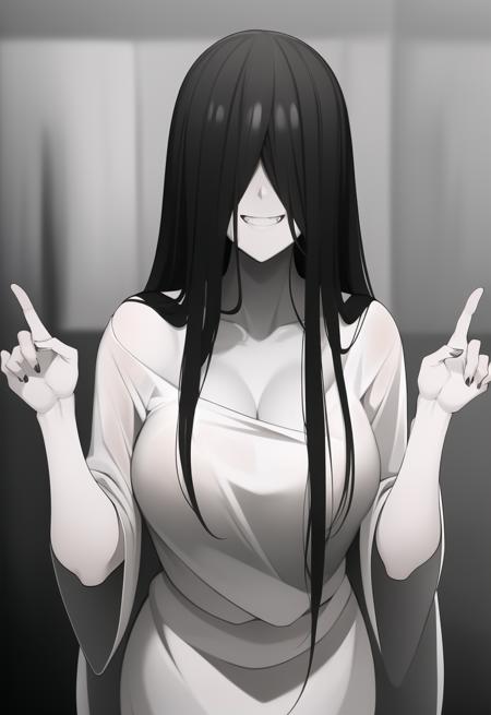 ((masterpiece)), (best quality), (absurdres), black hair, yamamura_sadako, white dress, (grey skin), hair over eyes, eyes covered, looking at viewer, creepy smile, evil smile, <lora:sadako_v3:0.9>