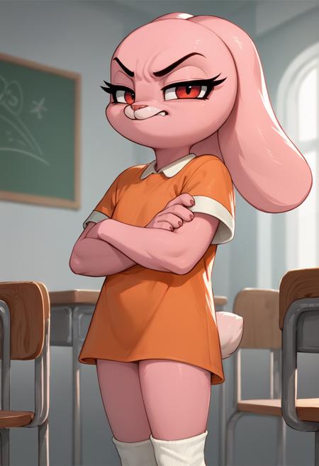 anais gumball, young anthro, rabbit, pink fur, red eyes orange shirt, white knee-high socks