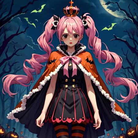 masterpiece, best quality, <lora:OnePieceCharacters:1>, per1, 1girl, solo, black eyes, pink hair, twintails, drill hair, red lips, crown, capelet, pink bow, striped pantyhose, looking at viewer, forest, halloween