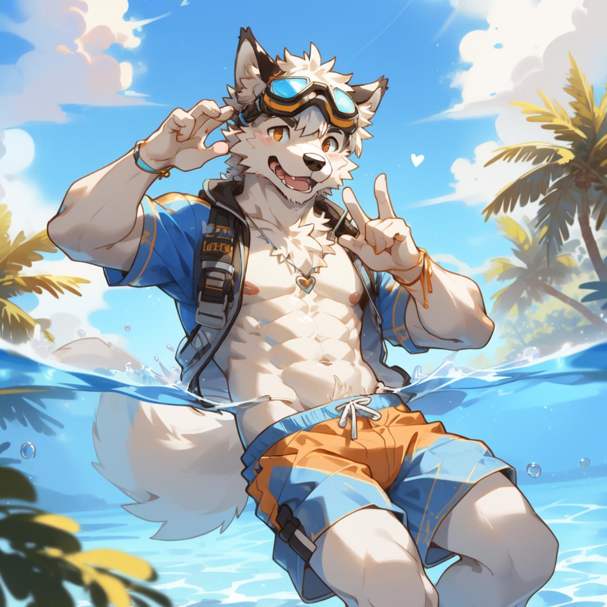 A shirtless man with goggles and a wolf's head wearing a blue shirt and shorts is sitting in the water.