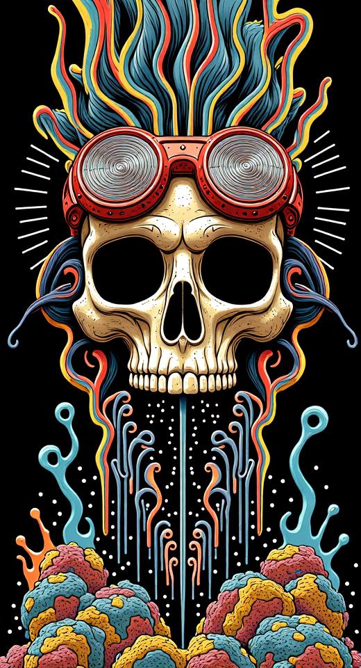 This stylized illustration presents a striking and visually captivating composition that appears to draw inspiration from underground subculture. The central figure, depicted as an enigmatic skull sporting goggles over its empty sockets, is embellished with intricate patterns resembling the tentacles of an octopus or a similar creature in vibrant hues and dynamic shapes that appear to be dripping color like paint. The subject's eyes are outlined by radiating lines suggesting they emit their own luminescence, enhancing the eerie yet captivating ambiance. Behind this grim figure lies an array of splashes in bold colors which cascade and intertwine downward along a rocky or industrial-themed background reminiscent of graffiti artwork often associated with rock or heavy metal scenes. This striking visual blends tattoo imagery, graphic design elements, and abstract forms to evoke the intensity and rebellious spirit characteristic of these music genres' subcultures. <lora:flux.1_lora_flyway_Epic-detail_v2:1>