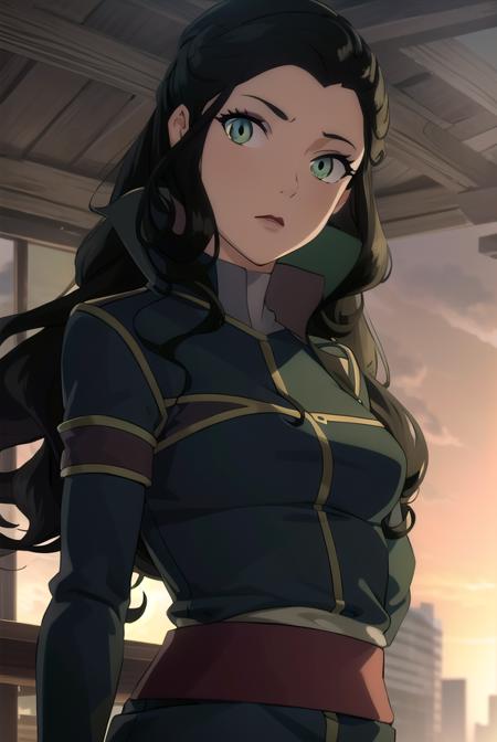 asami, long hair, (green eyes:1.5), (black hair:1.5), hair ornament, dress, sleeveless, makeup, chinese clothes, lipstick, gloves, long sleeves, jacket, pants, uniform, military, military uniform, makeup, lipstick,