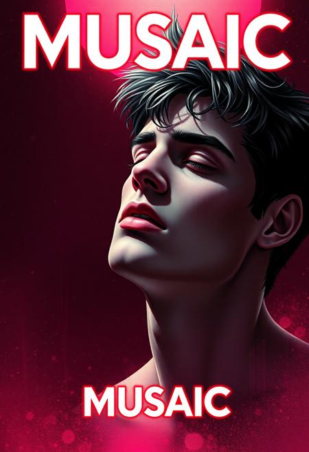 high quality design aesthetics, disco, eighties, synth pop, detailed, synthwave, melancholic, pop album cover for a sad love song, young white man, artist name "MUSAIC"